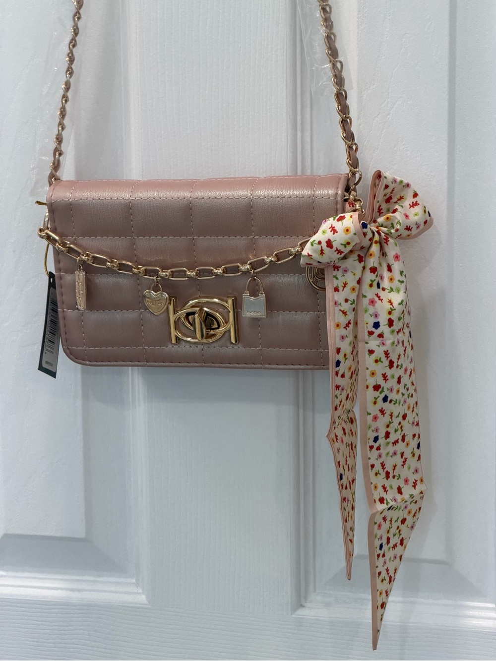Quilted Blush Pink crossbody Bag with Gold Chain Charm